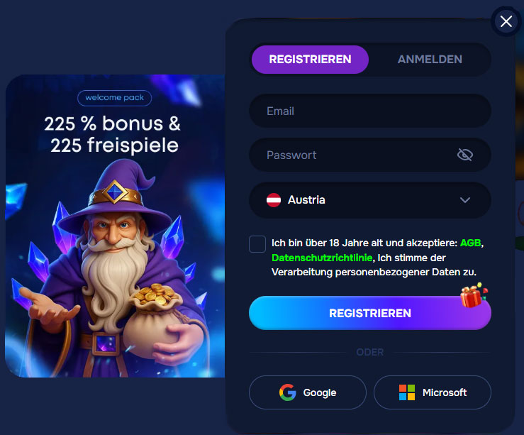 Register Wizardo casino.